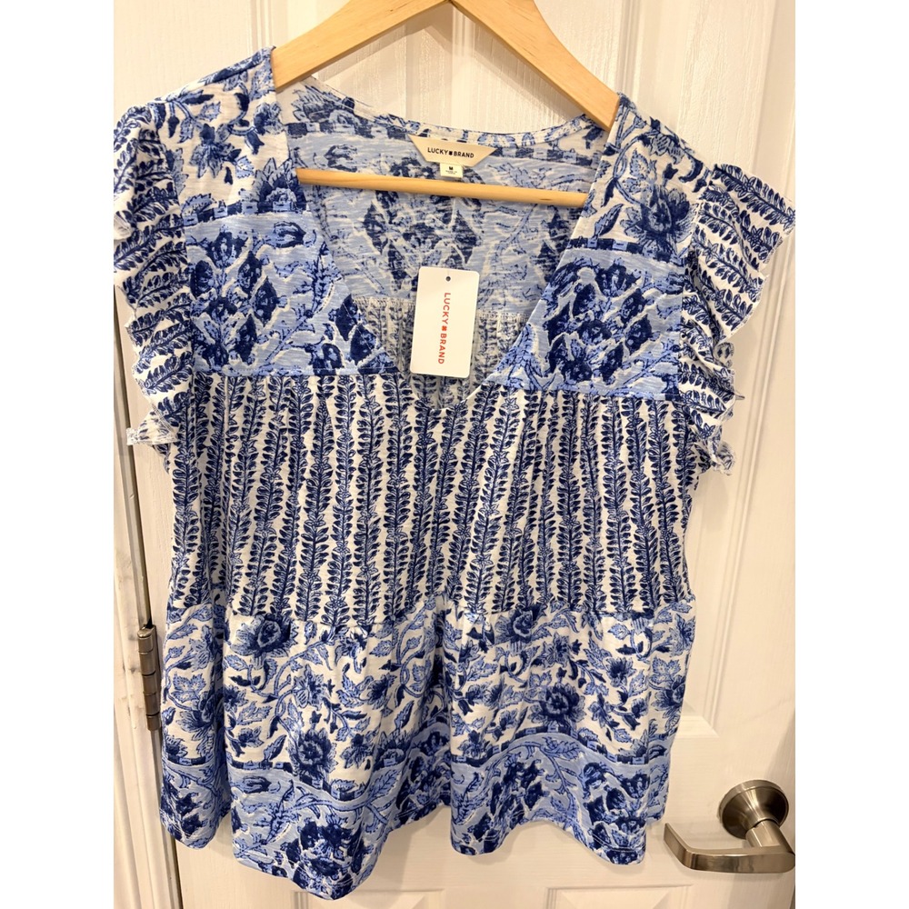 Lucky Brand Top Blue White Floral Flutter Sleeve V-Neck Boho Cotton Blouse